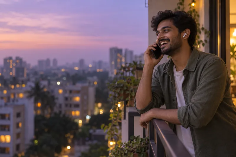 A young man smiling on a phone call on his balcony at dusk