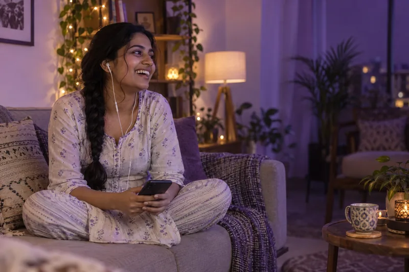 A young woman laughing on a voice call at home