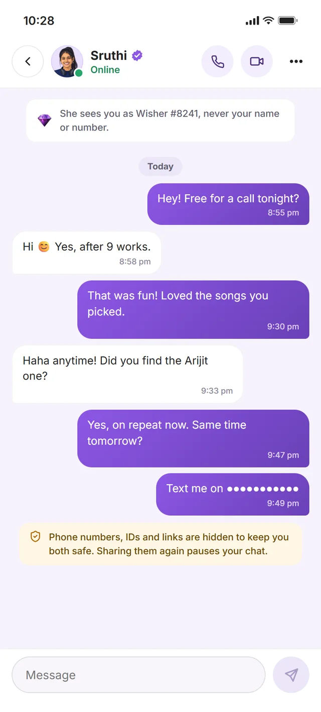 A chat with Sruthi where a shared phone number is hidden
