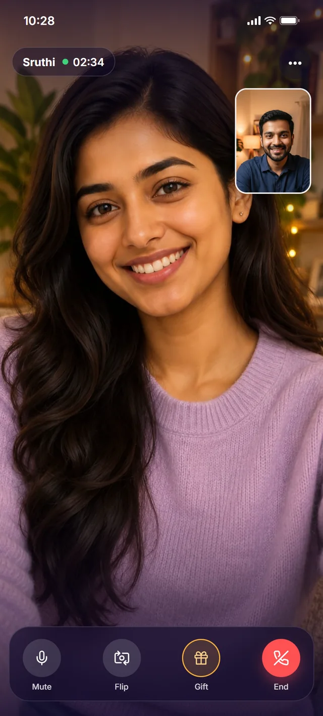 A video call with Sruthi, with your own camera in the corner